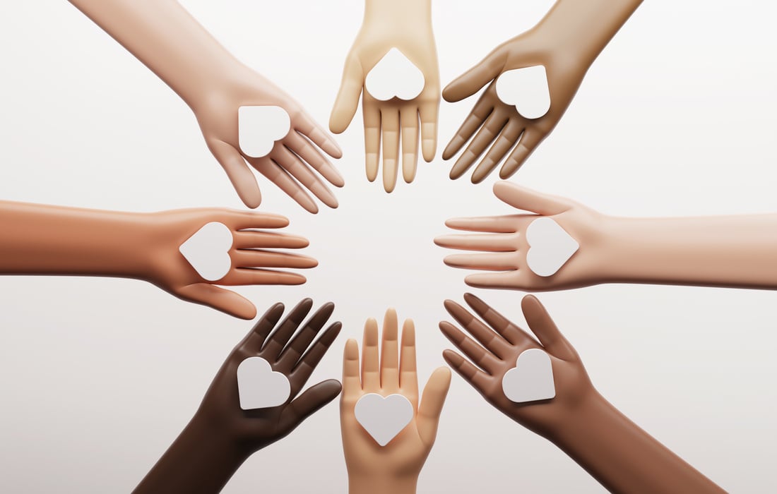 Group hands multiracial men and women holding hearts